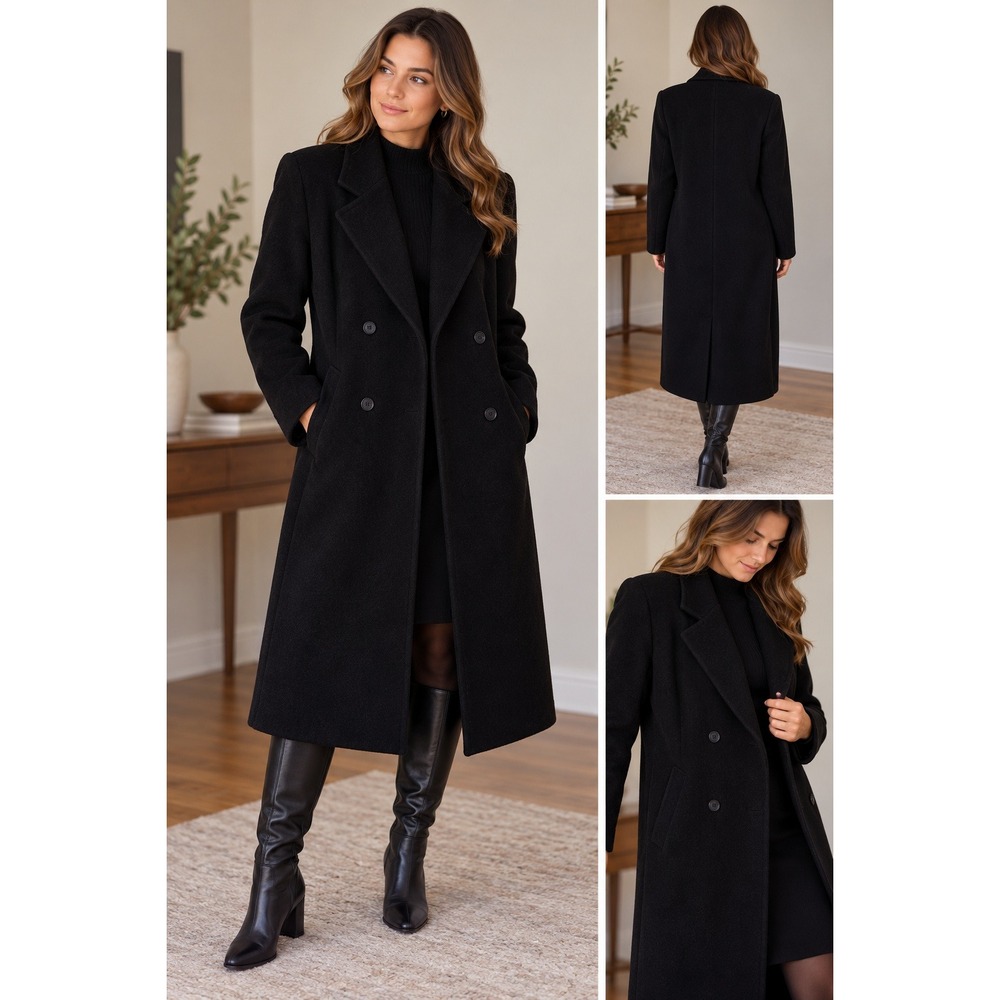 Vintage Alorna Wool Long Coat Women M Black Double Breasted ILGWU Made in USA